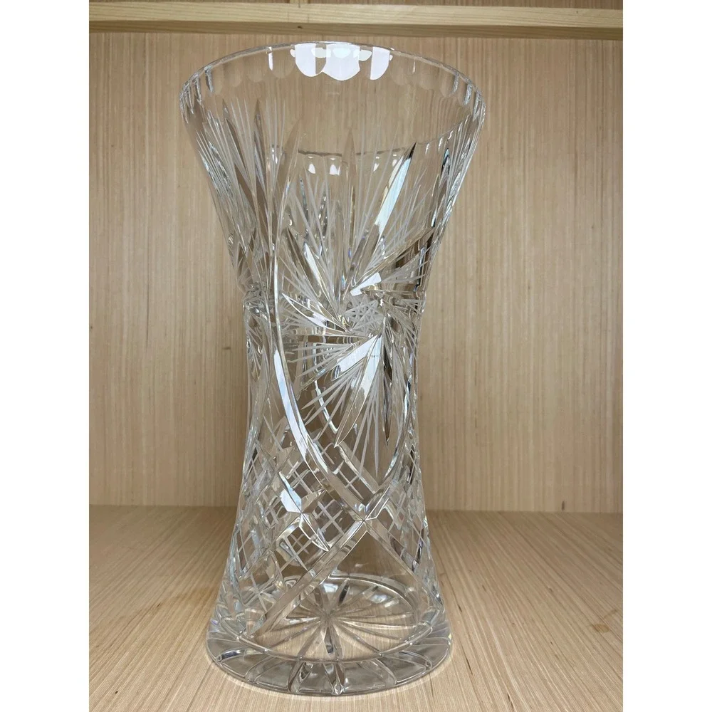 Vintage Bohemian Crystalex Cut Glass Vase Pinwheel Starburst Clear Crystal 12in